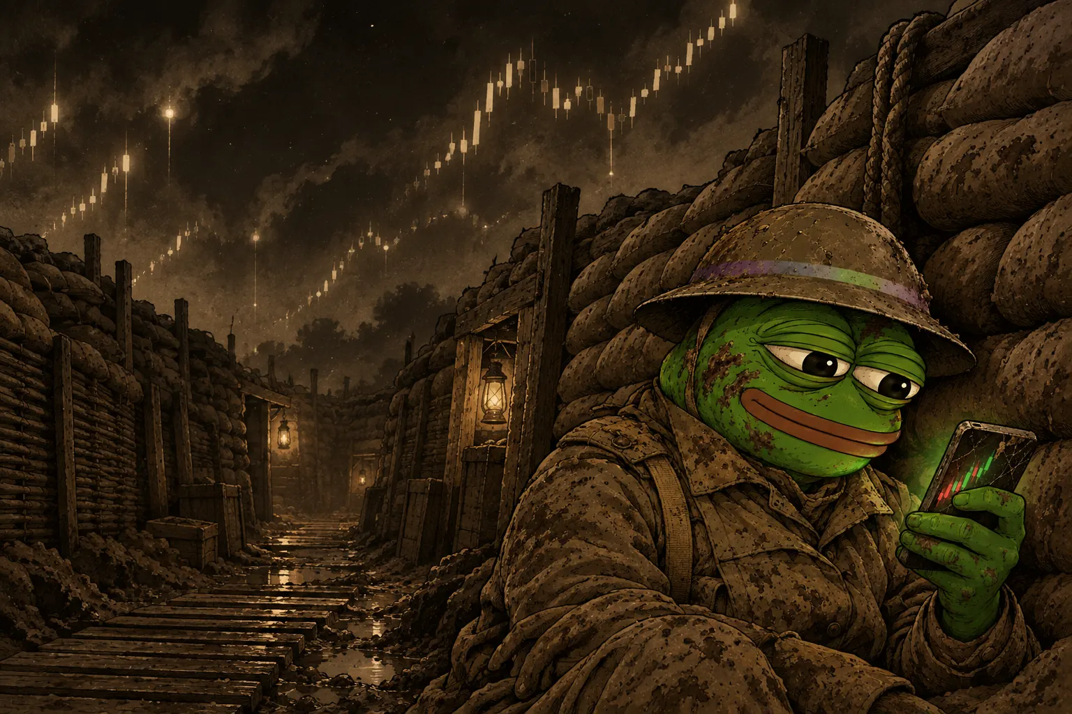 Trench Pepe, a cartoon frog in a dented helmet with mud on his face, sits against the sandbags of a trench at night, lit by the green glow of his cracked phone.
