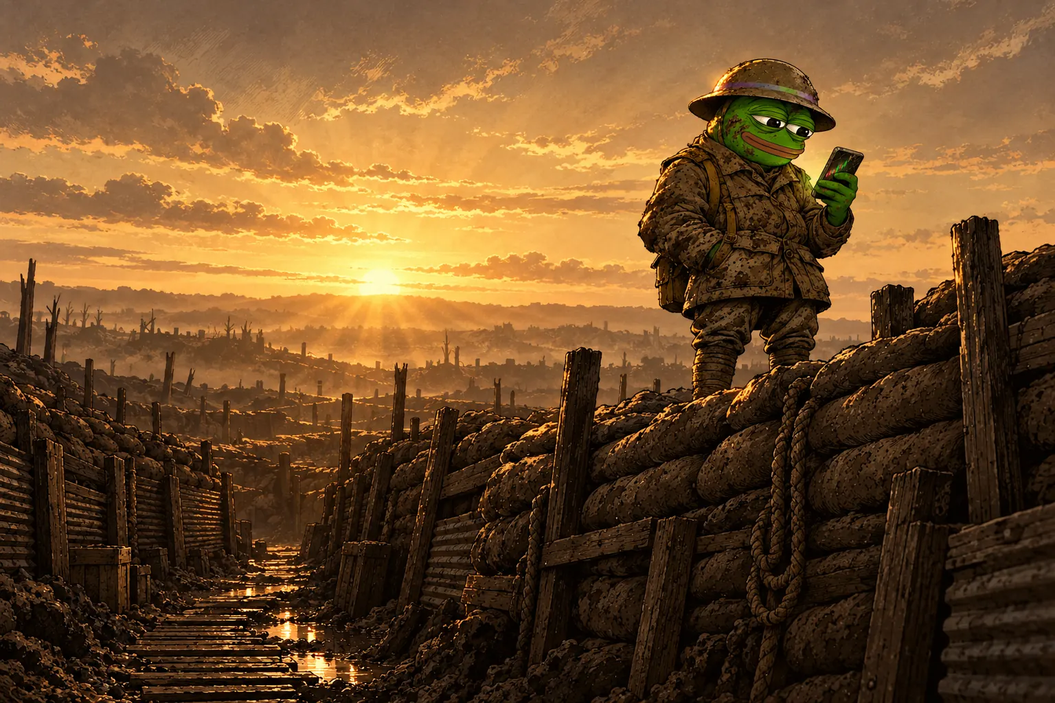 At sunrise, Trench Pepe stands behind the sandbags looking toward the horizon, his phone still glowing and the first light catching his helmet.