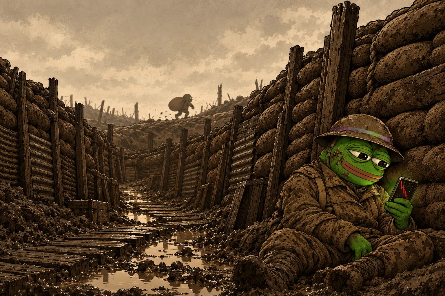 Trench Pepe sits slumped in the mud at the bottom of the trench, staring at his phone, while a small figure runs off over the horizon carrying a bulging sack.